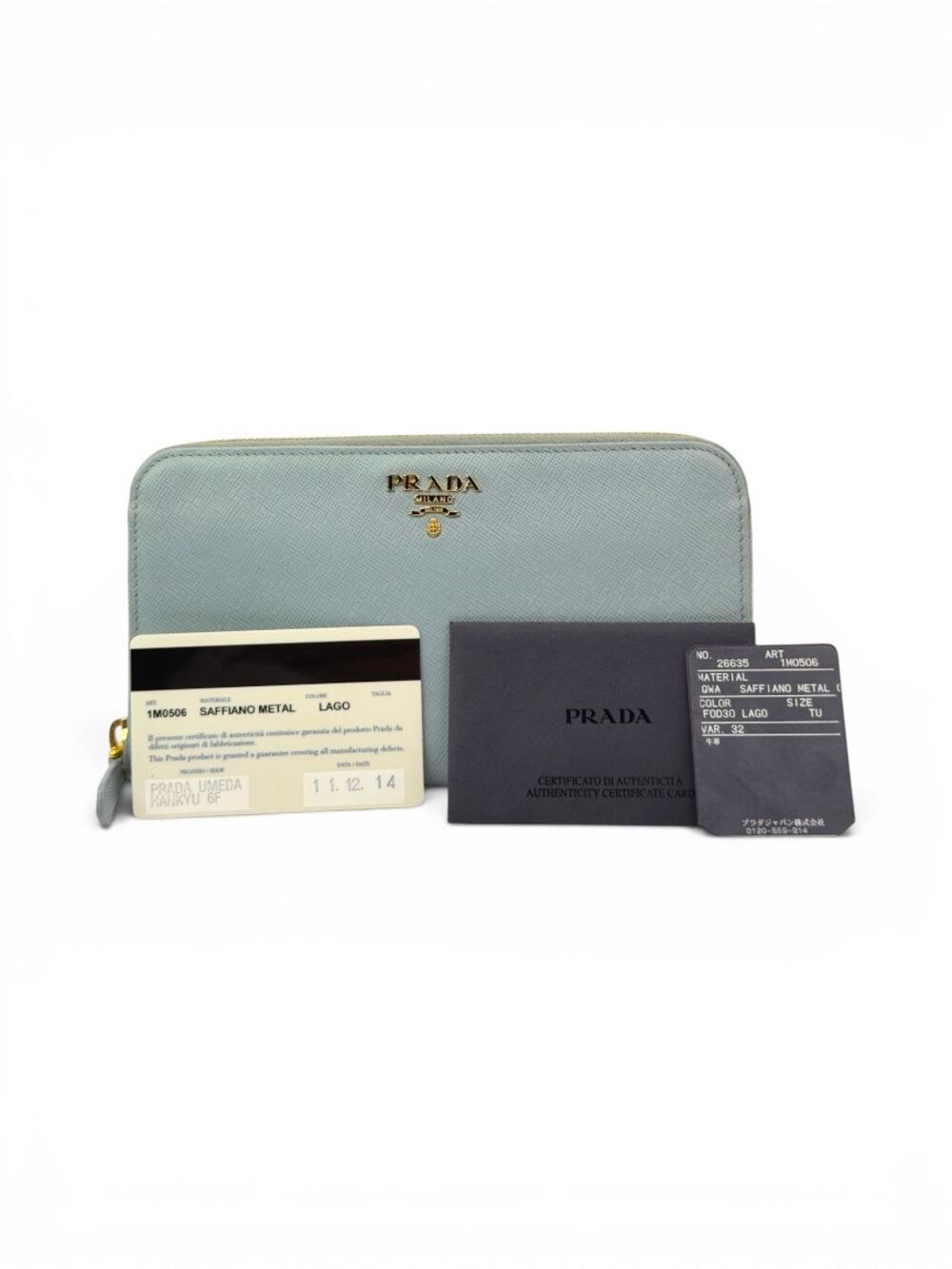 Prada Saffiano Metal Lago Blue Zip Around Wallet W/ Authenticity Cards